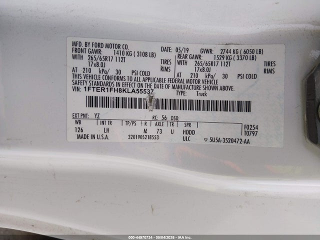 Продажа на аукционе авто 2019 Ford Ranger Xlt, vin: 1FTER1FH8KLA55537, номер лота: 44970734