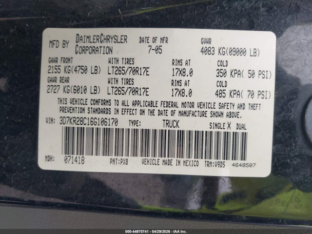 Продаж на аукціоні авто 2006 Dodge Ram 2500 Slt/sport, vin: 3D7KR28C16G106170, номер лоту: 44970741