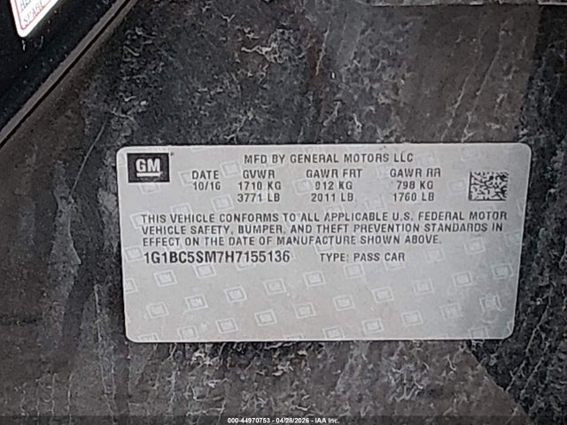 2017 Chevrolet Cruze Ls Auto მანქანა იყიდება აუქციონზე, vin: 1G1BC5SM7H7155136, აუქციონის ნომერი: 44970753