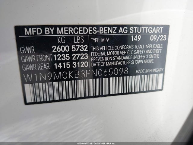 Aukcja sprzedaży 2023 Mercedes-benz Eqb 300 Suv 4matic, vin: W1N9M0KB3PN065098, numer aukcji: 44970758