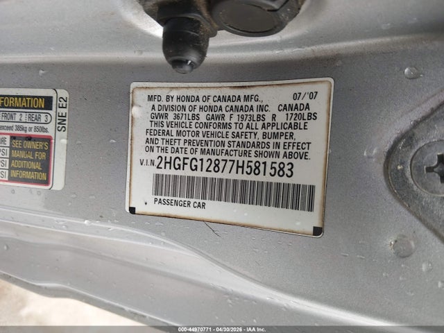 Aukcja sprzedaży 2007 Honda Civic Ex, vin: 2HGFG12877H581583, numer aukcji: 44970771