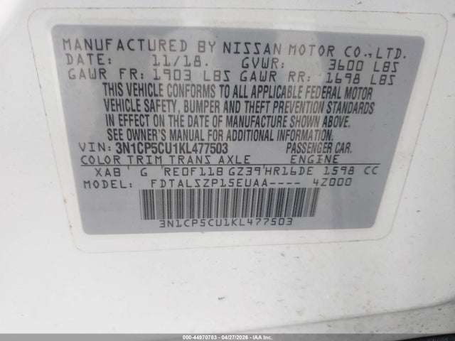 Aukcja sprzedaży 2019 Nissan Kicks Sv, vin: 3N1CP5CU1KL477503, numer aukcji: 44970783