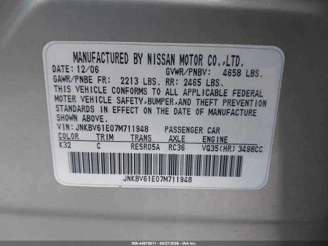 Aukcja sprzedaży 2007 Infiniti G35 Journey, vin: JNKBV61E07M711948, numer aukcji: 44970811