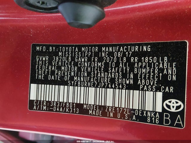 Toyota COROLLA LE 2018 5YFBURHE7JP744543 Image 9
