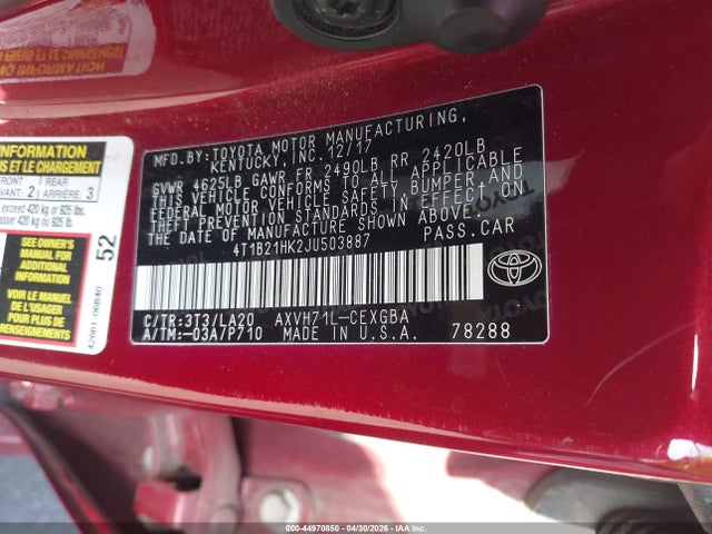 4T1B21HK2JU503887 Toyota Camry Hybrid Xle