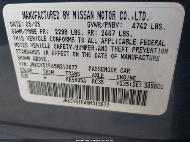 Aukcja sprzedaży 2005 Infiniti G35x, vin: JNKCV51F45M313677, numer aukcji: 44970853