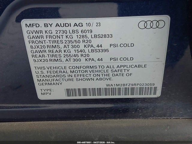 2024 Audi Q4 E-tron Prestige 50 Quattro მანქანა იყიდება აუქციონზე, vin: WA1M2BFZ9RP023059, აუქციონის ნომერი: 44970881