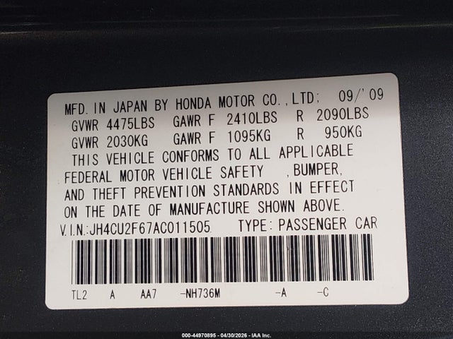 44970895 :رقم المزاد ، JH4CU2F67AC011505 vin ، 2010 Acura Tsx 2.4 مزاد بيع