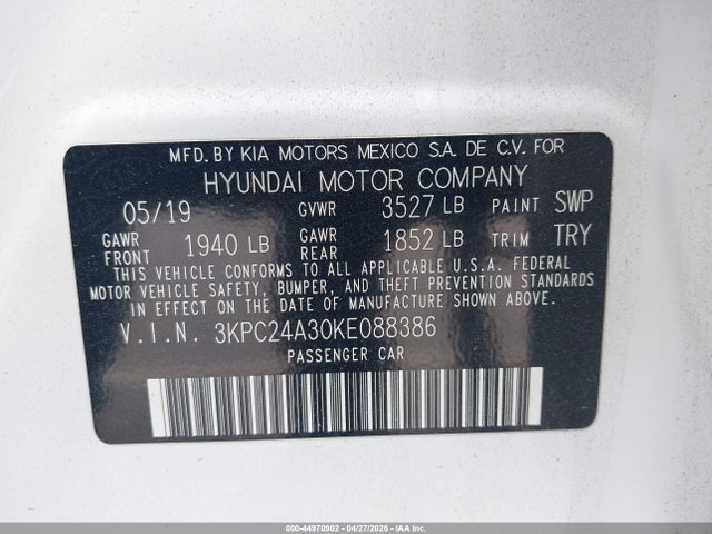 Aukcja sprzedaży 2019 Hyundai Accent Se, vin: 3KPC24A30KE088386, numer aukcji: 44970902