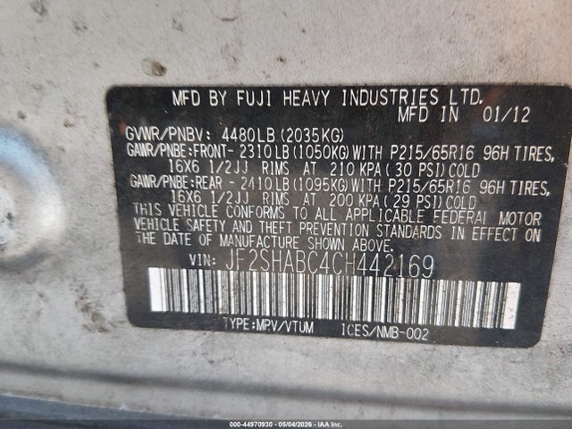 Продаж на аукціоні авто 2012 Subaru Forester 2.5x, vin: JF2SHABC4CH442169, номер лоту: 44970930