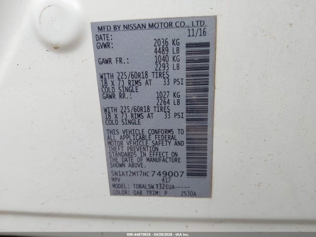 2017 Nissan Rogue Sl მანქანა იყიდება აუქციონზე, vin: 5N1AT2MT7HC749007, აუქციონის ნომერი: 44970935