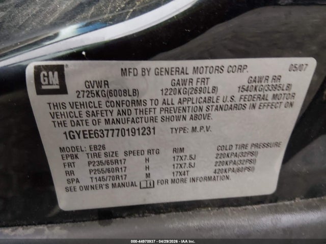 Продаж на аукціоні авто 2007 Cadillac Srx V6, vin: 1GYEE637770191231, номер лоту: 44970937