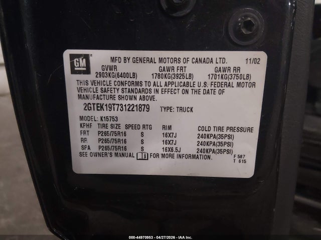 Продаж на аукціоні авто 2003 Gmc Sierra 1500 Sle, vin: 2GTEK19T731221879, номер лоту: 44970953