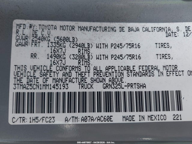 3TMAZ5CN1MM145193 Toyota Tacoma Sr5 V6