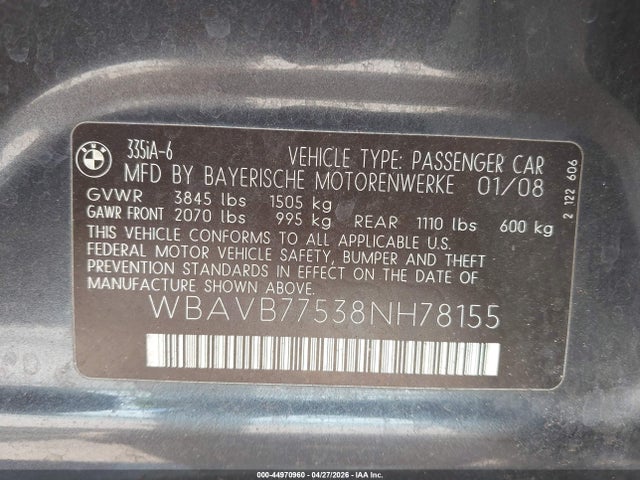 Aukcja sprzedaży 2008 Bmw 335i, vin: WBAVB77538NH78155, numer aukcji: 44970960