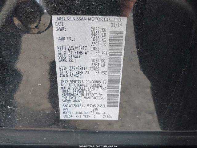 Aukcja sprzedaży 2014 Nissan Rogue Sv, vin: 5N1AT2MT5EC806221, numer aukcji: 44970982