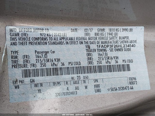 44970999 :رقم المزاد ، 1FADP3F26HL234540 vin ، 2017 Ford Focus Se مزاد بيع