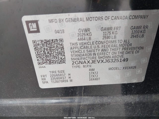 Aukcja sprzedaży 2018 Chevrolet Equinox Lt, vin: 2GNAXJEVXJ6325149, numer aukcji: 44971006