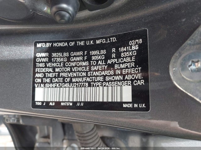 SHHFK7G49JU217778 Honda Civic Sport