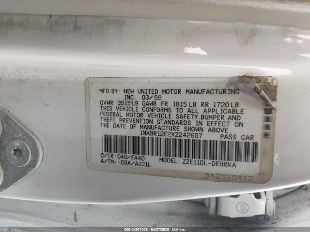 Aukcja sprzedaży 1999 Toyota Corolla Ve, vin: 1NXBR12E2XZ242607, numer aukcji: 44971026