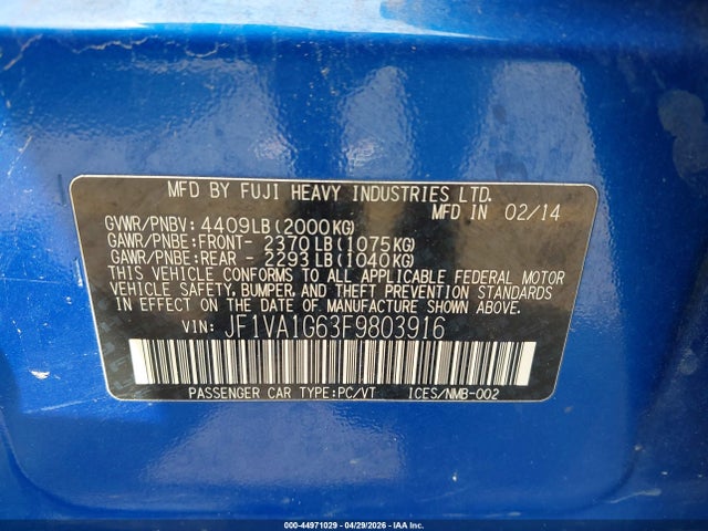 Subaru Wrx Limited 2015 JF1VA1G63F9803916 Image 9