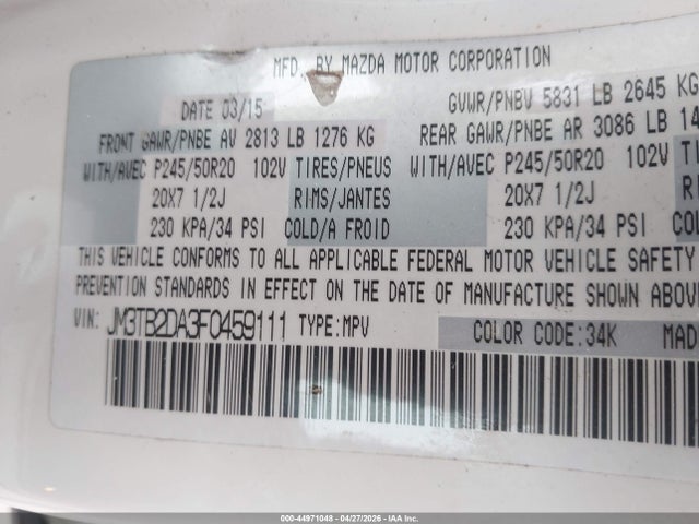 Aukcja sprzedaży 2015 Mazda Cx-9 Grand Touring, vin: JM3TB2DA3F0459111, numer aukcji: 44971048