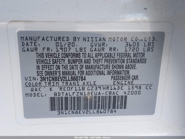Продаж на аукціоні авто 2020 Nissan Versa Sv Xtronic Cvt, vin: 3N1CN8EV2LL860784, номер лоту: 44971060