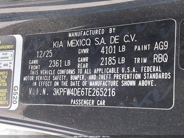44971081 :رقم المزاد ، 3KPFW4DE6TE265216 vin ، 2026 Kia K4 Gt-line مزاد بيع
