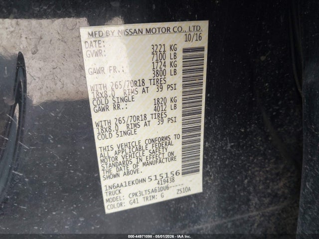 2017 Nissan Titan Sv მანქანა იყიდება აუქციონზე, vin: 1N6AA1EK0HN515156, აუქციონის ნომერი: 44971098