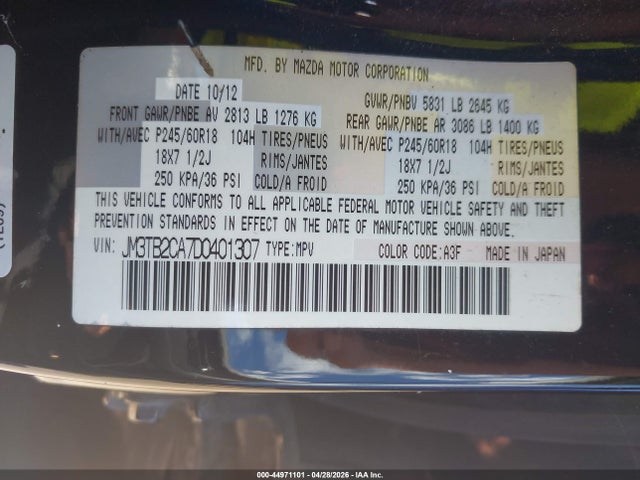 2013 Mazda Cx-9 Touring მანქანა იყიდება აუქციონზე, vin: JM3TB2CA7D0401307, აუქციონის ნომერი: 44971101