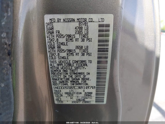 Продаж на аукціоні авто 2002 Nissan Frontier Xe, vin: 1N6DD26S02C301070, номер лоту: 44971108