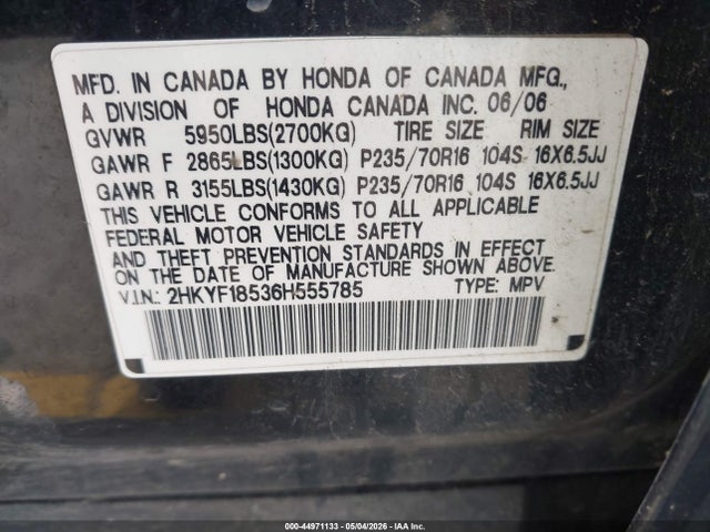 44971133 :رقم المزاد ، 2HKYF18536H555785 vin ، 2006 Honda Pilot Ex-l مزاد بيع