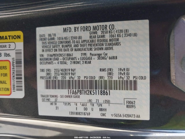 44971150 :رقم المزاد ، 1FA6P8TH2K5118861 vin ، 2019 Ford Mustang Ecoboost مزاد بيع