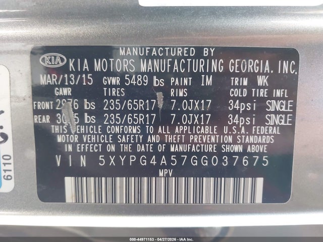 5XYPG4A57GG037675 KIA Sorento 3.3l Lx
