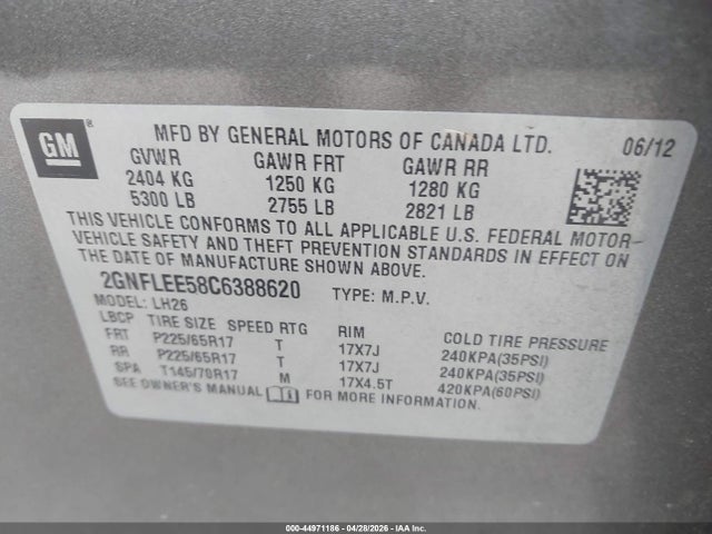 Продажа на аукционе авто 2012 Chevrolet Equinox 1lt, vin: 2GNFLEE58C6388620, номер лота: 44971186