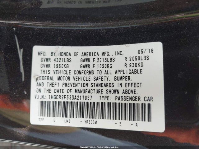 44971191 :رقم المزاد ، 1HGCR2F53GA211037 vin ، 2016 Honda Accord Sport مزاد بيع