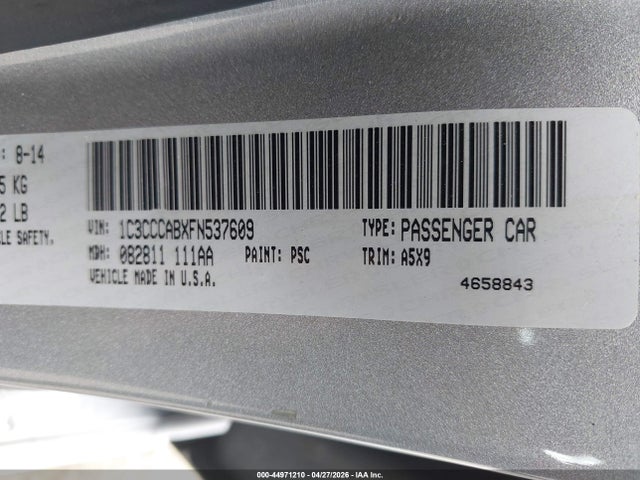 44971210 :رقم المزاد ، 1C3CCCABXFN537609 vin ، 2015 Chrysler 200 Limited مزاد بيع