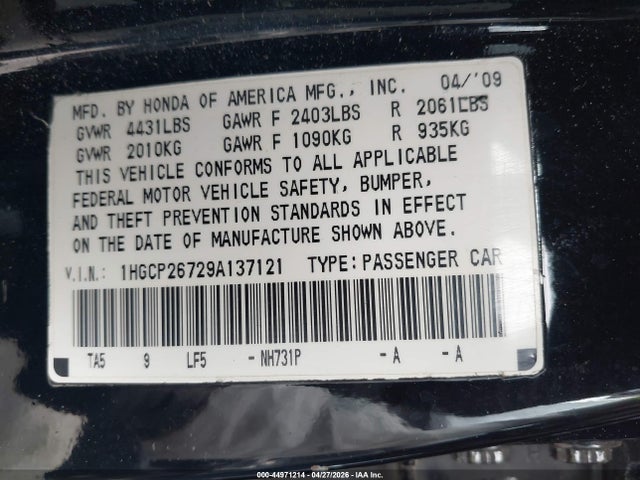 Продаж на аукціоні авто 2009 Honda Accord 2.4 Ex, vin: 1HGCP26729A137121, номер лоту: 44971214