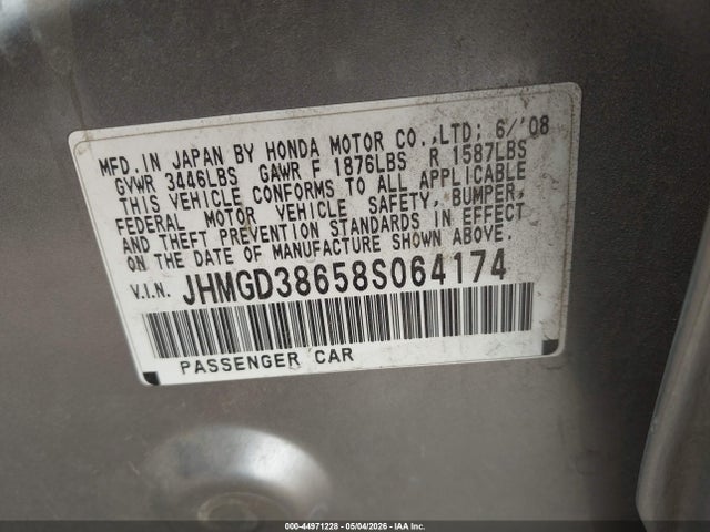 44971228 :رقم المزاد ، JHMGD38658S064174 vin ، 2008 Honda Fit Sport مزاد بيع