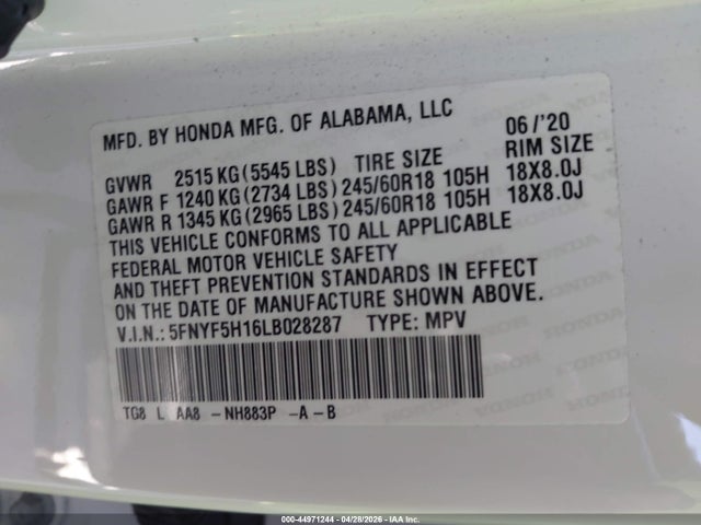 44971244 :رقم المزاد ، 5FNYF5H16LB028287 vin ، 2020 Honda Pilot 2wd Lx مزاد بيع