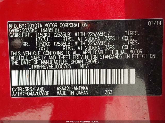 Продажа на аукционе авто 2014 Toyota Rav4 Xle, vin: JTMWFREV6EJ000765, номер лота: 44971252