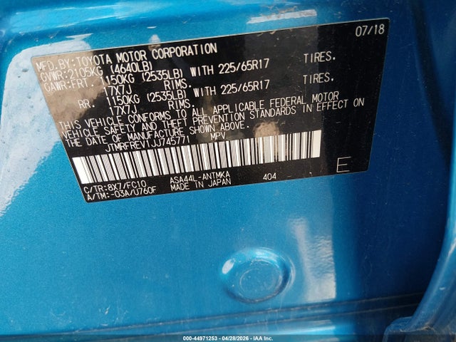 Aukcja sprzedaży 2018 Toyota Rav4 Xle, vin: JTMRFREV1JJ745771, numer aukcji: 44971253