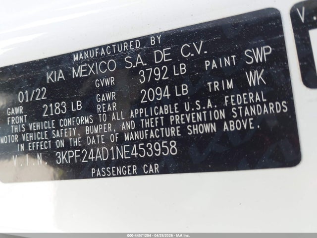 44971254 :رقم المزاد ، 3KPF24AD1NE453958 vin ، 2022 Kia Forte Lxs مزاد بيع
