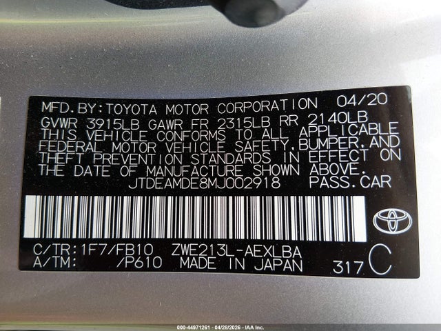 Продаж на аукціоні авто 2021 Toyota Corolla Hybrid Le, vin: JTDEAMDE8MJ002918, номер лоту: 44971261