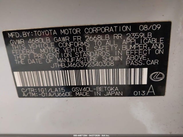 Aukcja sprzedaży 2009 Lexus Es 350, vin: JTHBJ46G392340308, numer aukcji: 44971264