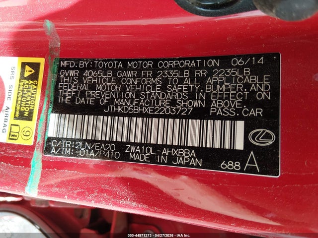 Aukcja sprzedaży 2014 Lexus Ct 200h, vin: JTHKD5BHXE2203727, numer aukcji: 44971273