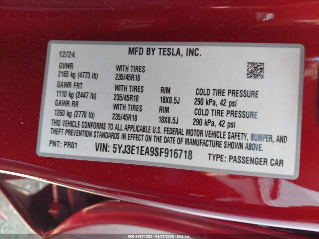 2025 Tesla Model 3 Long Range Rear-wheel Drive/standard Rear-wheel Drive მანქანა იყიდება აუქციონზე, vin: 5YJ3E1EA9SF916718, აუქციონის ნომერი: 44971282