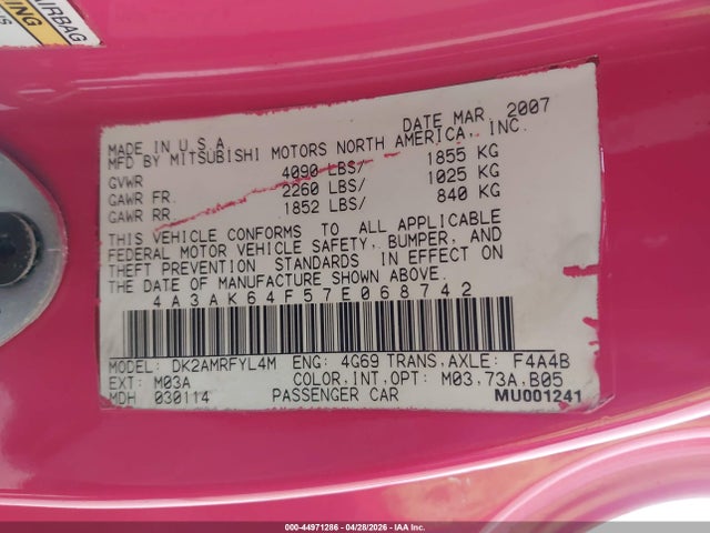 Aukcja sprzedaży 2007 Mitsubishi Eclipse Se, vin: 4A3AK64F57E068742, numer aukcji: 44971286