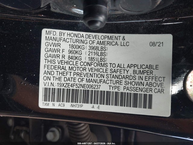 44971287 :رقم المزاد ، 19XZE4F52NE006237 vin ، 2022 Honda Insight Ex مزاد بيع