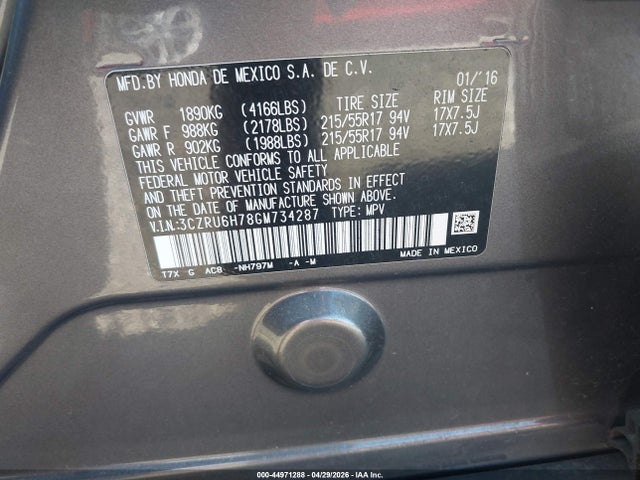Продажа на аукционе авто 2016 Honda Hr-v Ex-l, vin: 3CZRU6H78GM734287, номер лота: 44971288